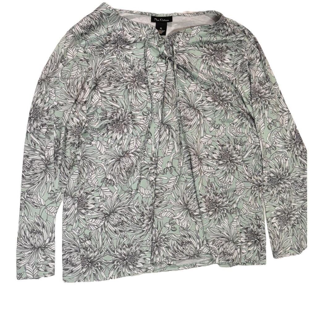 Nue Options Tie Front 3/4 Sleeve White/Turquoise Floral Peony Blouse Shirt